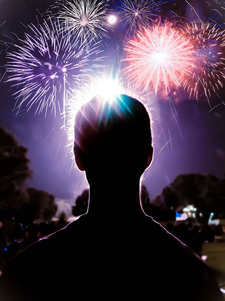 person looking at fireworks display, independence, silhouette HD wallpaper