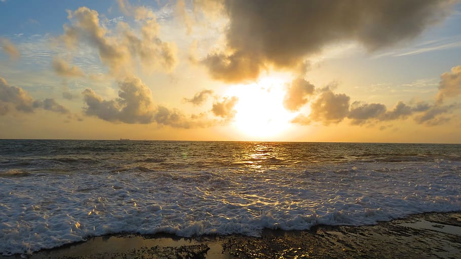 sunset, beach, sea, ocean, water, sky, sunrise, nature, summer HD wallpaper