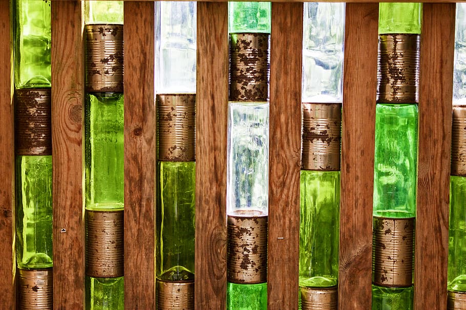 reclaimed, cans, bottles, architecture, design, reused, recycled, HD wallpaper