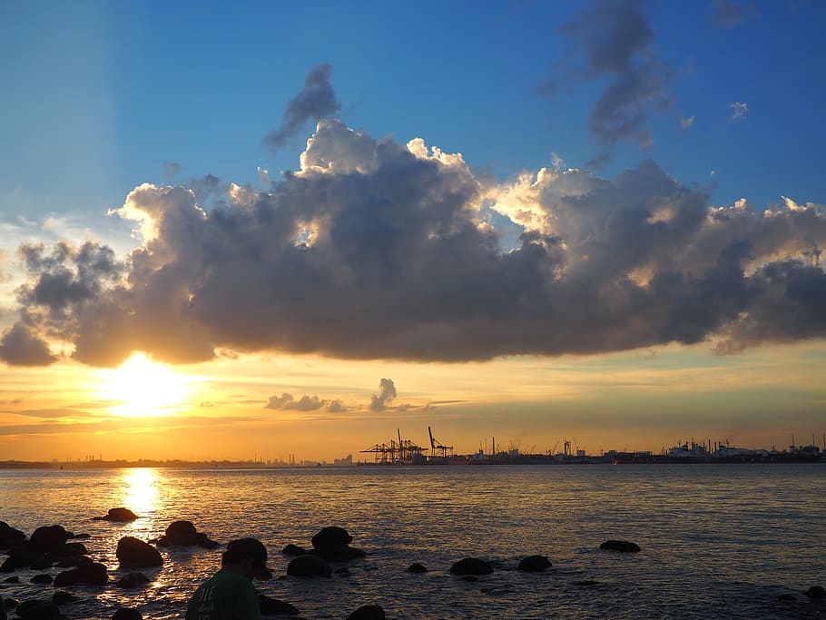 sunset, seaside, port, ocean, clouds, sky, water, cloud - sky HD wallpaper