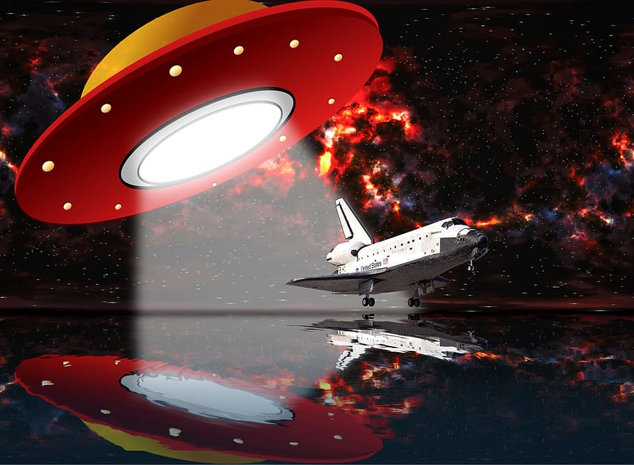 mirroring, water reflection, spaceship, space shuttle, ufo HD wallpaper