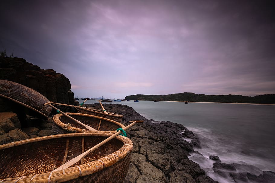 Three Brown Baskets Beside Beach, bay, boat, close-up, clouds HD wallpaper