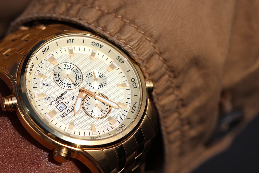 Person Wearing Silver Linked Chronograph Watch, close-up, time HD wallpaper