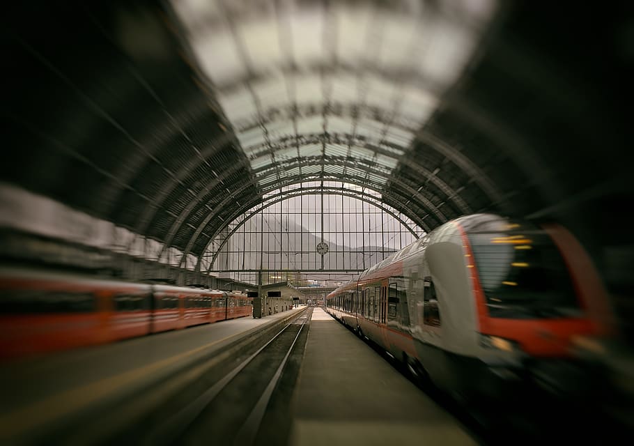 train passing on rail inside stadium, rail transportation, public transportation HD wallpaper