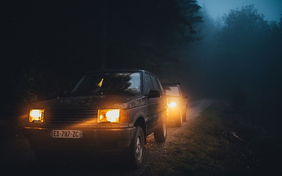 black car on road, transportation, vehicle, automobile, light HD wallpaper