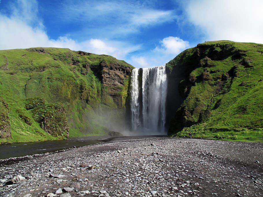 Waterfalls during Daytime, cliff, clouds, environment, flowing HD wallpaper