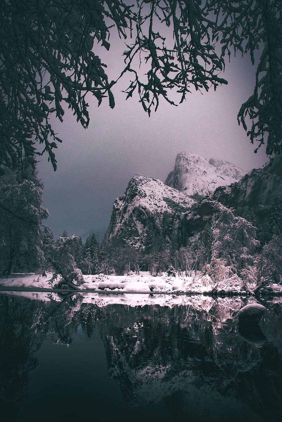 snow mountain, water, winter, cold, sky, black and white, landscape HD wallpaper