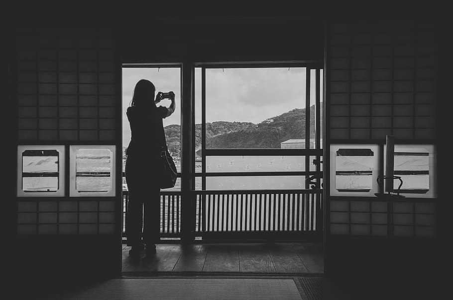 person, phone, camera, repetition, view, ocean, window, house HD wallpaper