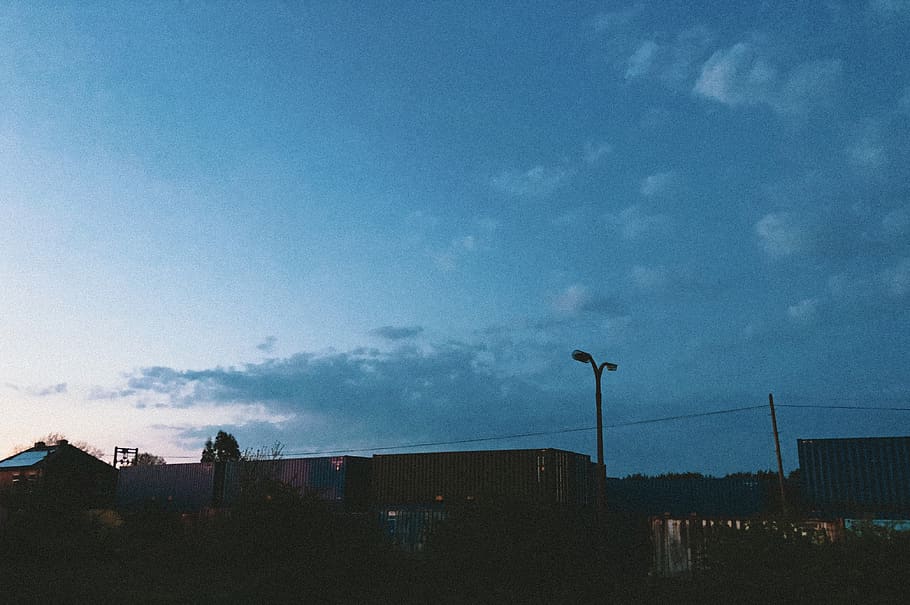 containers, shipping containers, sky, blue, dusk, evening, clouds HD wallpaper