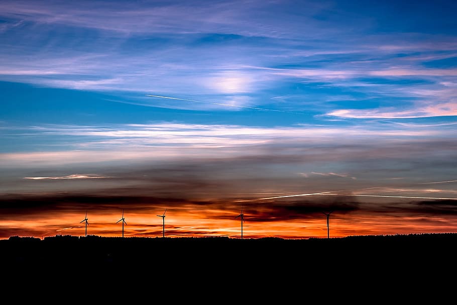 sunset, setting, windmill, electricity, nature, dark, eve, evening HD wallpaper