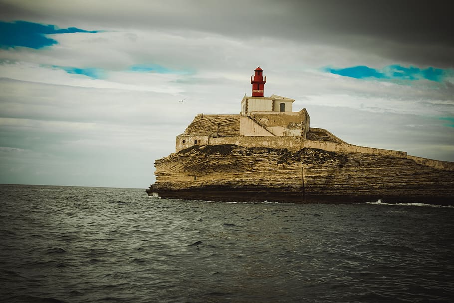france, bonifacio, headlight, water, sea, cloud - sky, built structure HD wallpaper