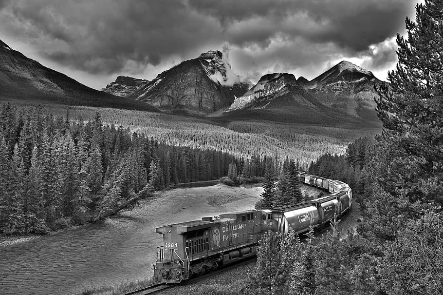 banff, railroad, mountains, cloud - sky, scenics - nature, beauty in nature HD wallpaper