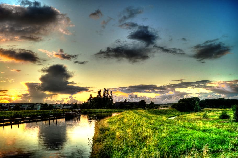 sunset, sky, dawn, clouds, river, water, grass, field, landscape HD wallpaper