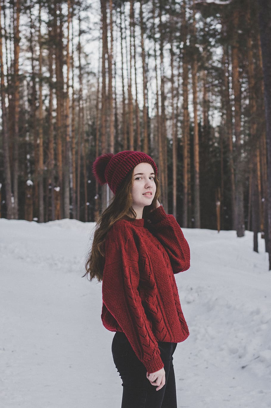 Woman Wearing Red Sweater and Red Beanie Under Forest, beautiful