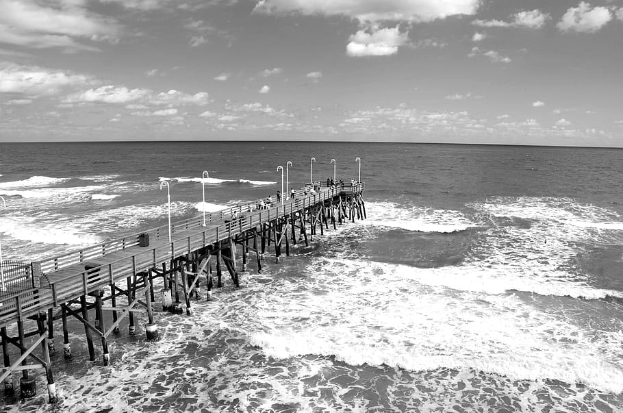 fishing, pier, florida, ocean, waves, daytime, wooden, structure HD wallpaper
