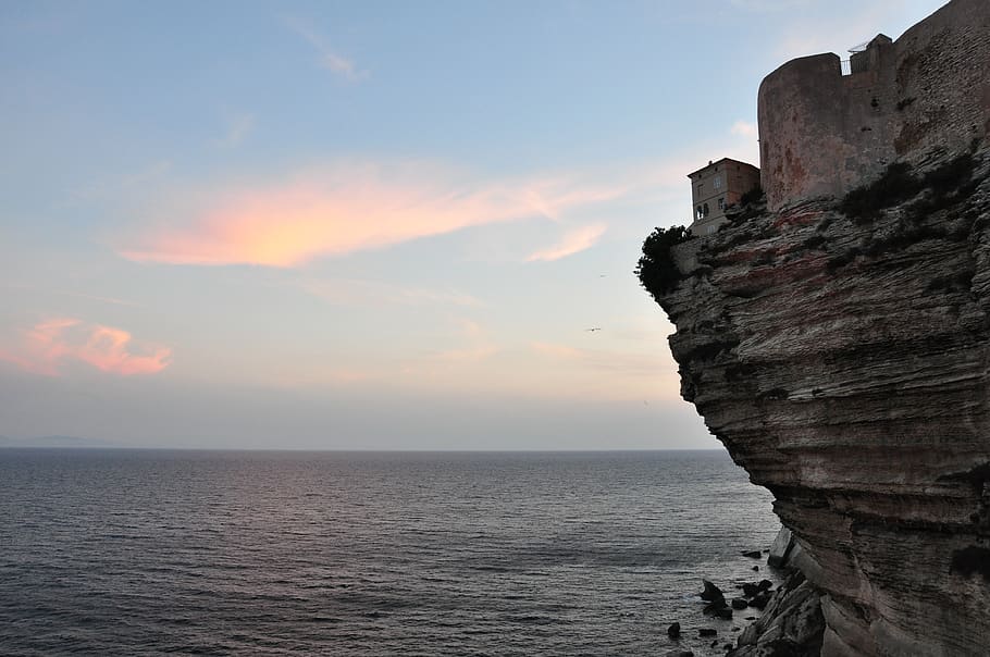 france, bonifacio, cliff, sea, house, sunset, sky, scenics - nature HD wallpaper