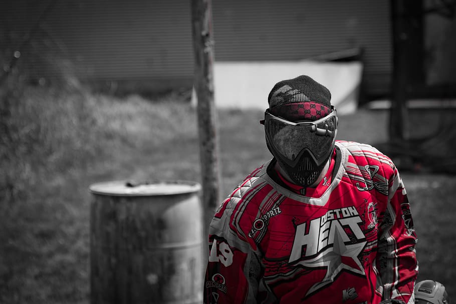 paintball, mask, red, fire, sport, player, extreme, activity, HD wallpaper
