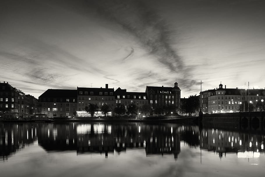 town, reflection, denmark, copenhagen, harbor, village, lights HD wallpaper