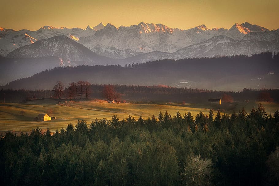 sunset, alpine, landscape, nature, mountains, sky, panorama HD wallpaper