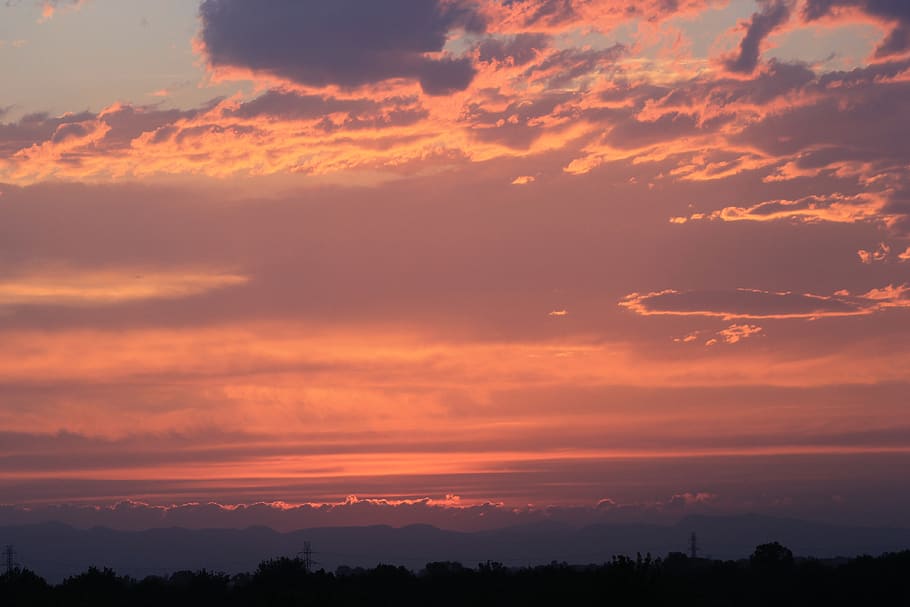 sunset, clouds, horizon, rocky mountains, dusk, power lines HD wallpaper