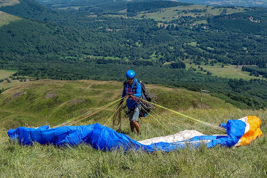 paragliding, puy-de-dome, hill, nature, de-dôme, landscape, HD wallpaper