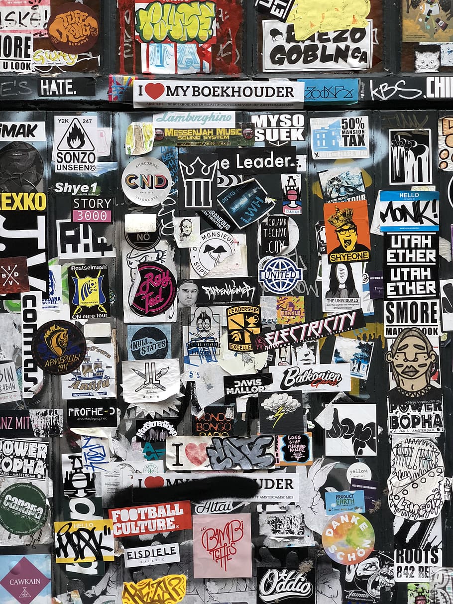 assorted poster in wall, art, sticker, fly posting, outdoors, HD wallpaper