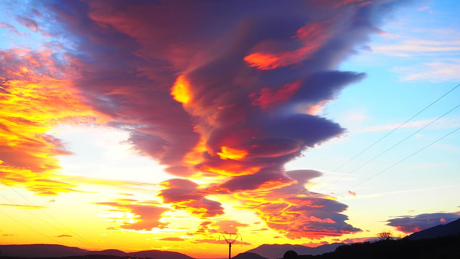 sky, cloud - sky, sunset, orange color, beauty in nature, cable HD wallpaper