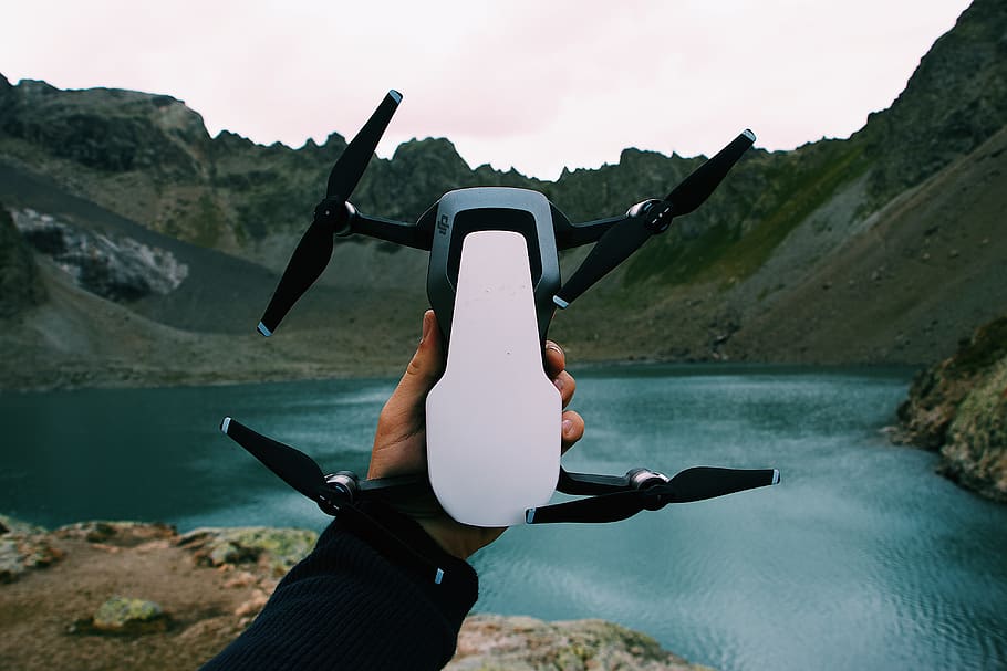 black and white drone, water, adventure, leisure activities, nature HD wallpaper