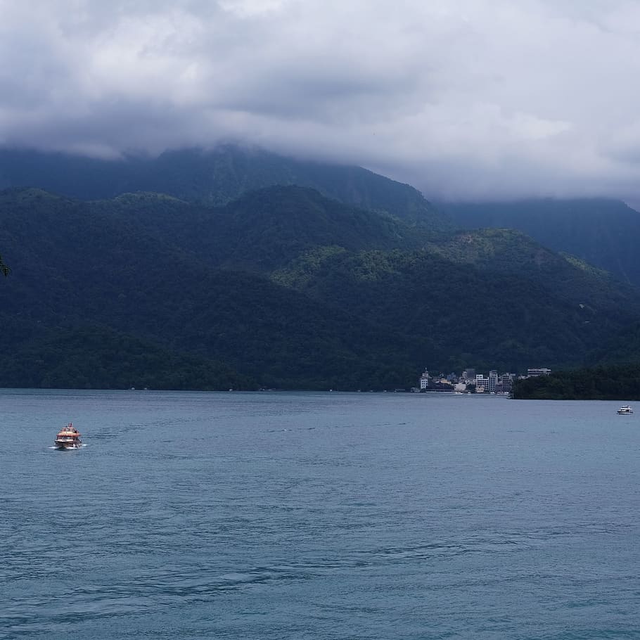 lake, boat, mountain, green, blue, water, nautical vessel, waterfront HD wallpaper