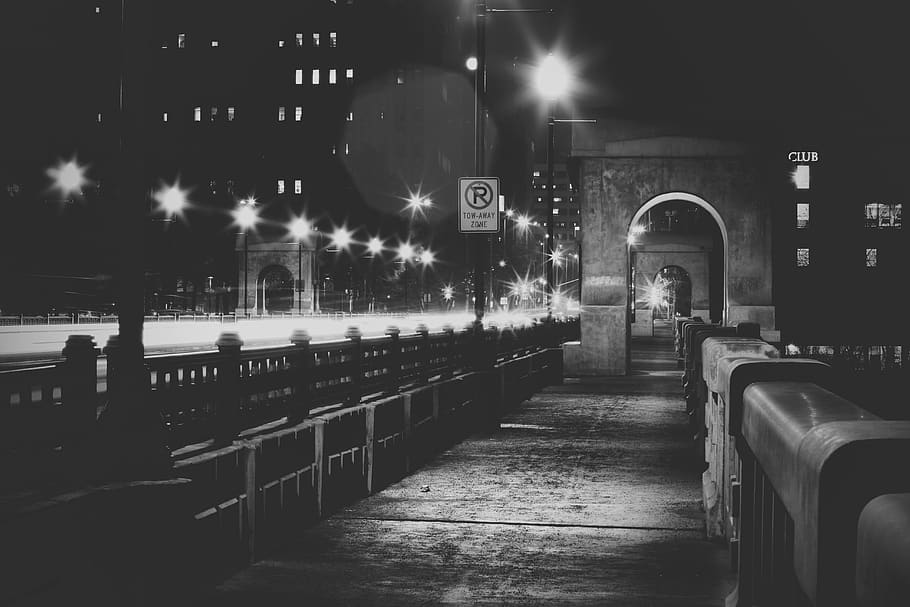 bridge, night, city, lights, fog