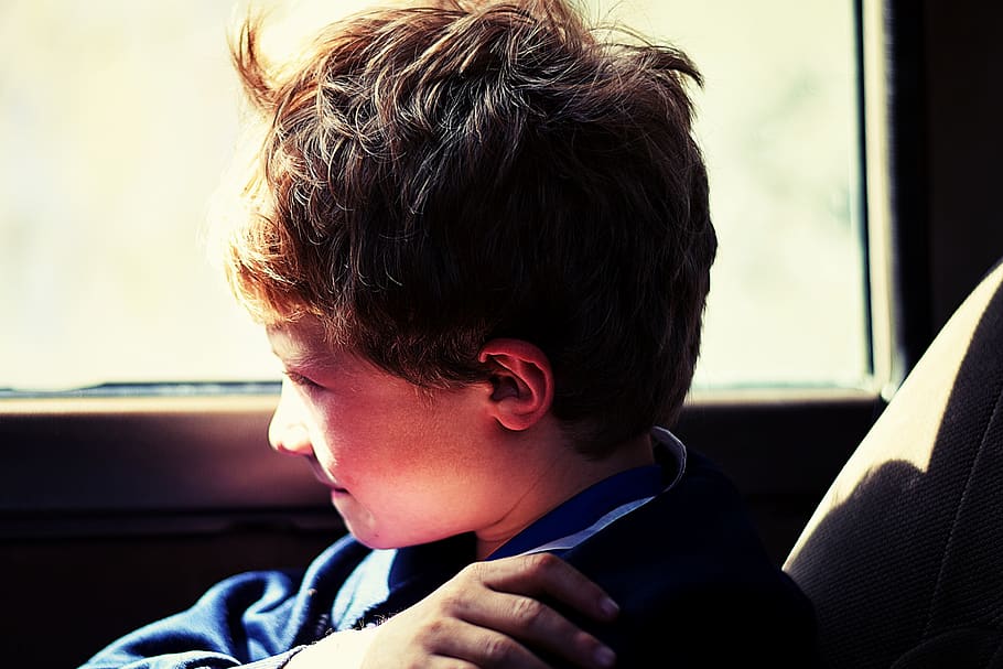 Boy in Blue Jacket Sitting Next to Vehicle Window, adolescence HD wallpaper