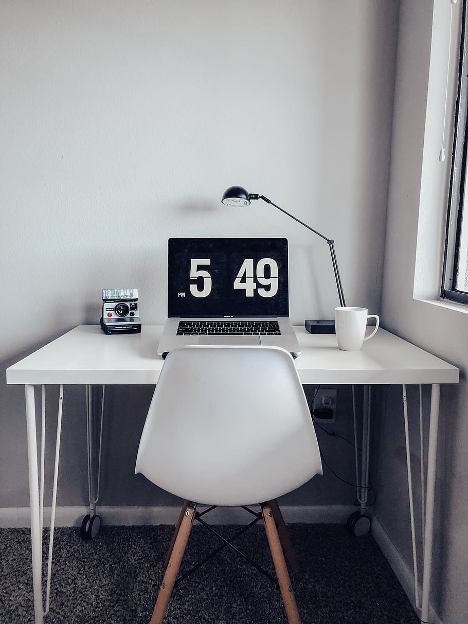 black and gray laptop computer on table, chair, furniture, desk HD wallpaper