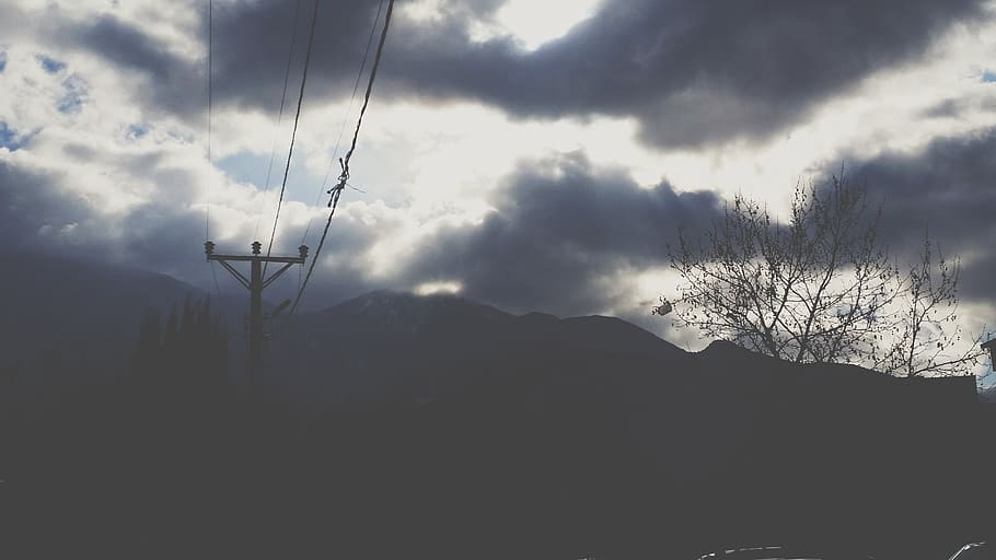 sky, tree, clouds, dark, cloud - sky, mountain, nature, tranquil scene HD wallpaper