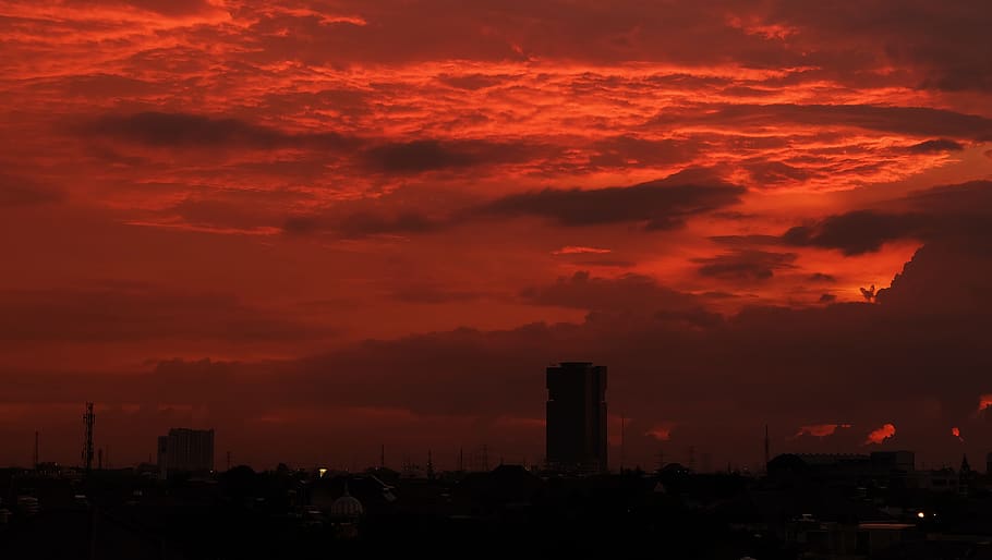 sunset, sky, view, scenic, scenery, red, orange, building, silhouette HD wallpaper