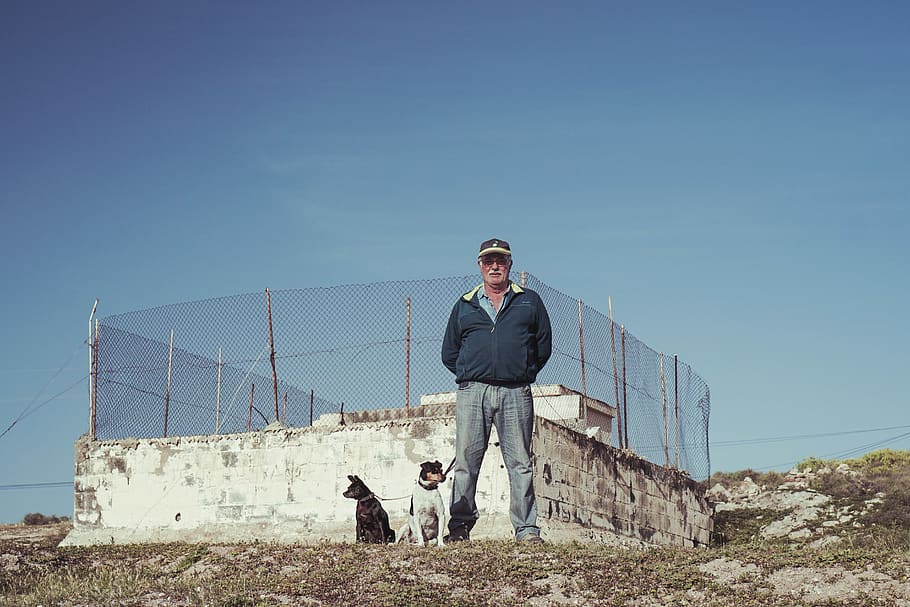 man standing beside dogs, sky, clear sky, looking at camera, one person HD wallpaper
