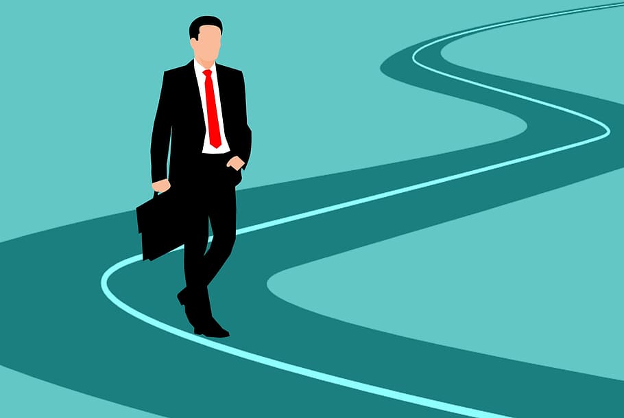 Illustration of businessman walking long and winding road., success