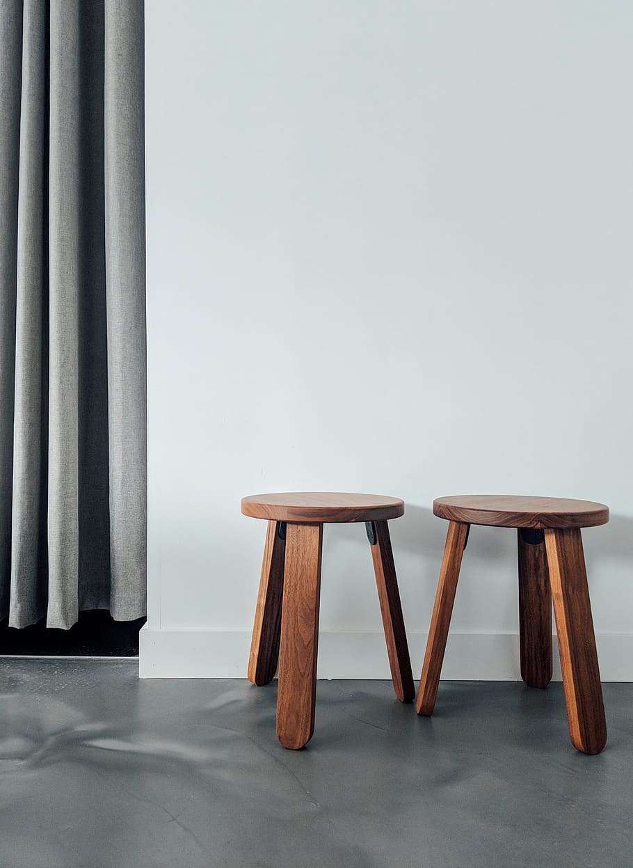 two brown wooden stools, minimalist, modern, chairs, white, wall HD wallpaper