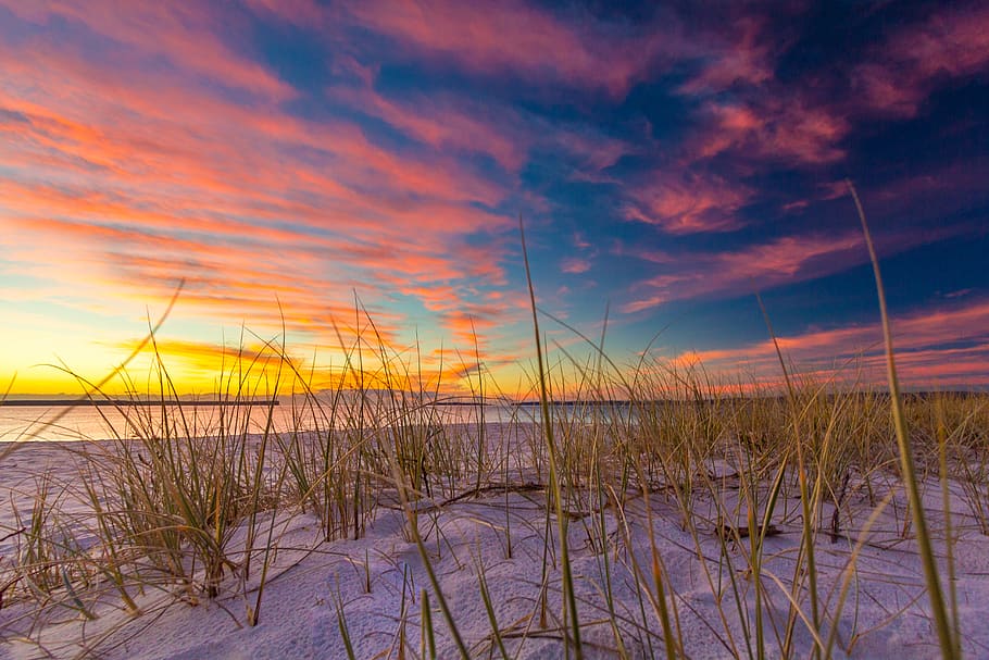beach shore under cloudy sky, water, tranquility, sunset, scenics - nature HD wallpaper