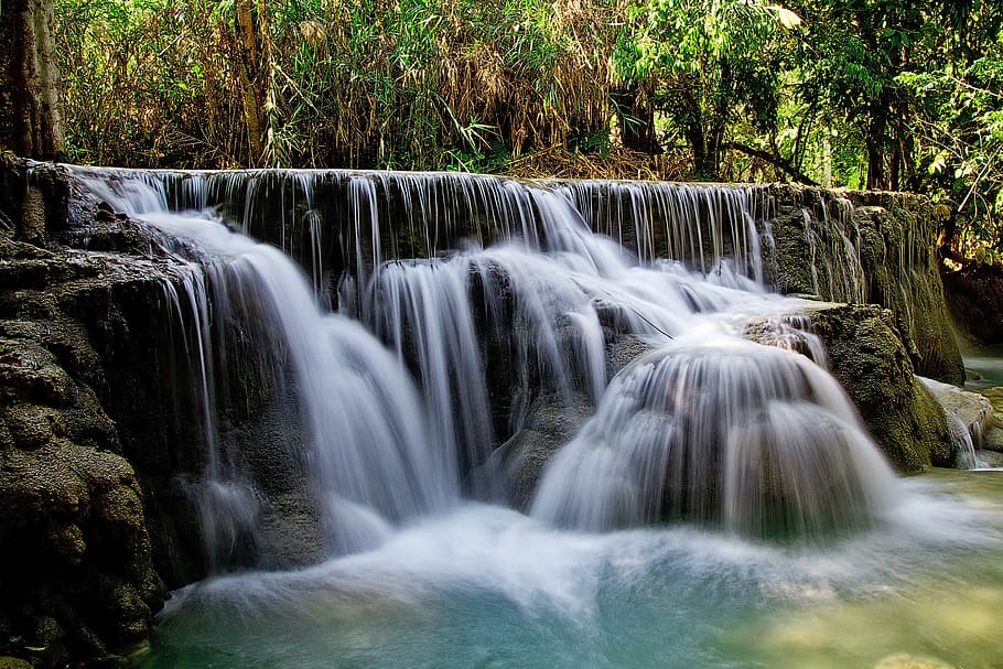 Waterfalls Beside Green Grass, long-exposure, nature, stream HD wallpaper