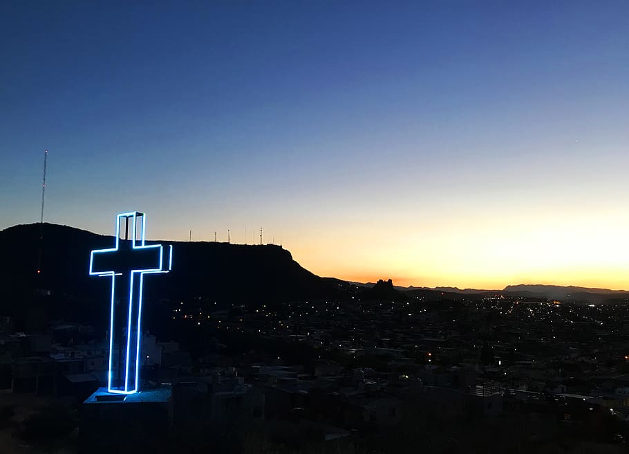 blue lighted cross decor during sunrise, sky, architecture, building exterior HD wallpaper