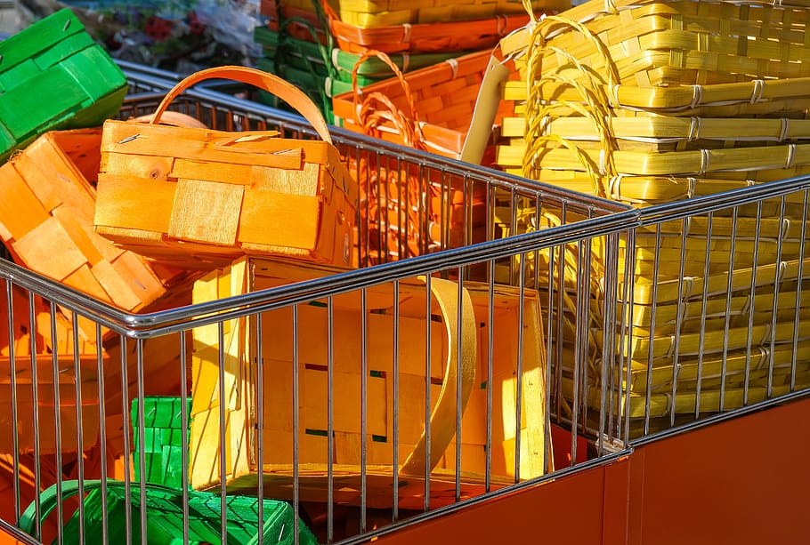 wooden basket, easter körbchen, baskets, woven, colorful, yellow HD wallpaper