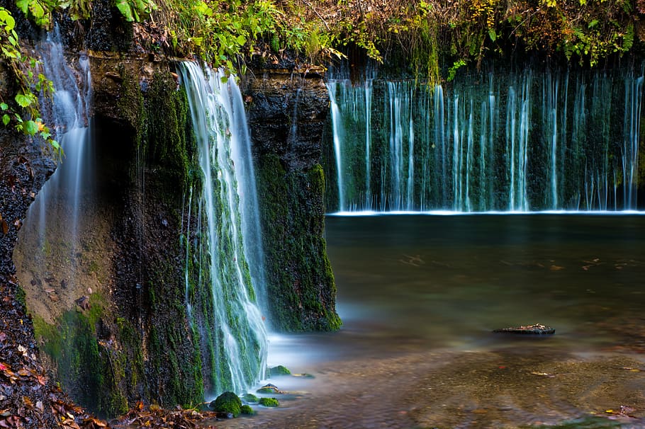 waterfall, river, long exposure, motion, tree, flowing water HD wallpaper