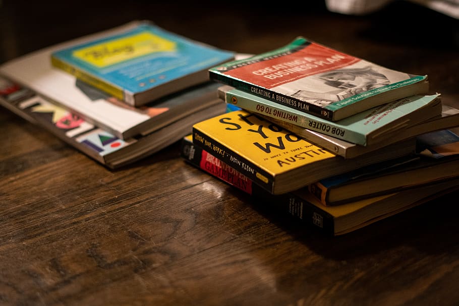 assorted books, stack, indoors, finance, table, wood - material HD wallpaper