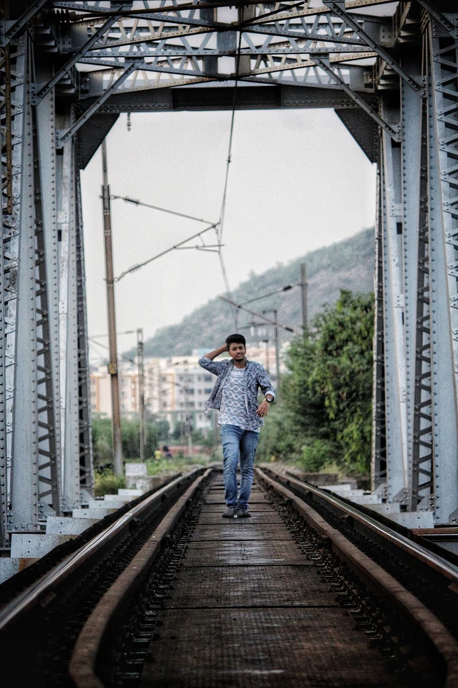 Man Walking on Bridge, connection, daylight, daytime, iron, landscape HD wallpaper