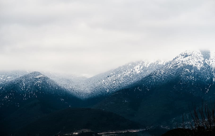 mountain, landscape, peak, summit, snow, trees, view, aesthetic HD wallpaper