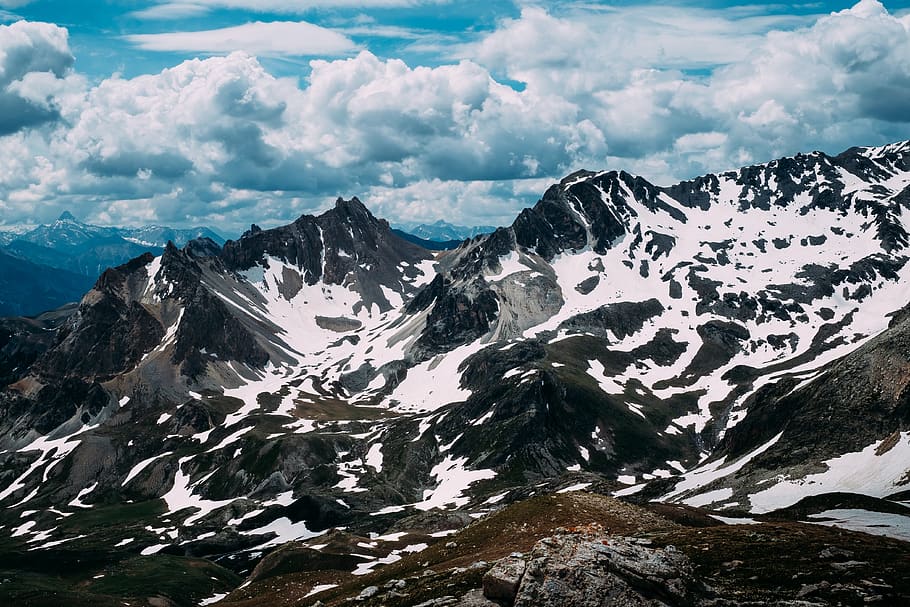 mountain and clouds painting, alps, outdoors, nature, snow, ice HD wallpaper
