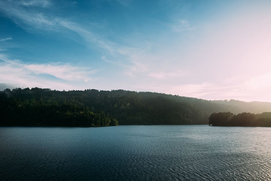 lake, sky, trees, sun, nature, travel, serenity, water, scenics - nature HD wallpaper