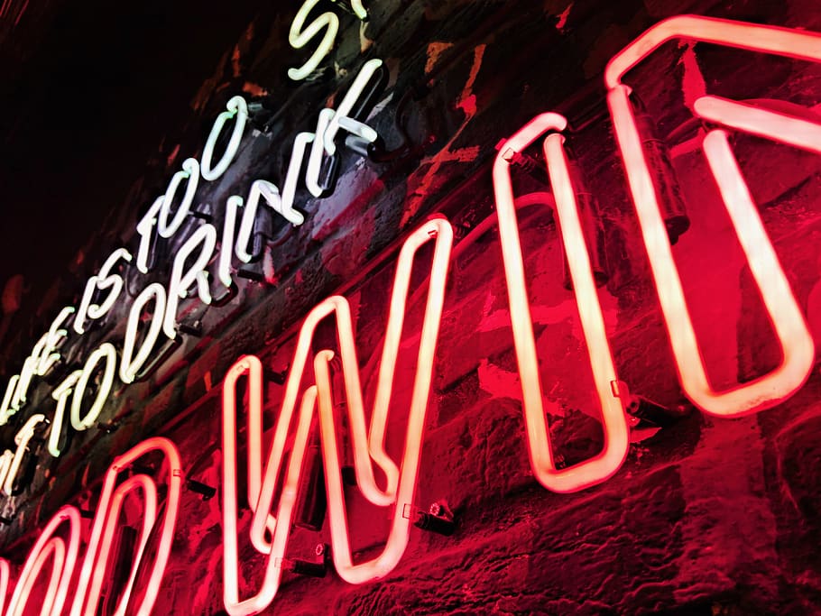 red signage, text, neon, communication, illuminated, no people HD wallpaper
