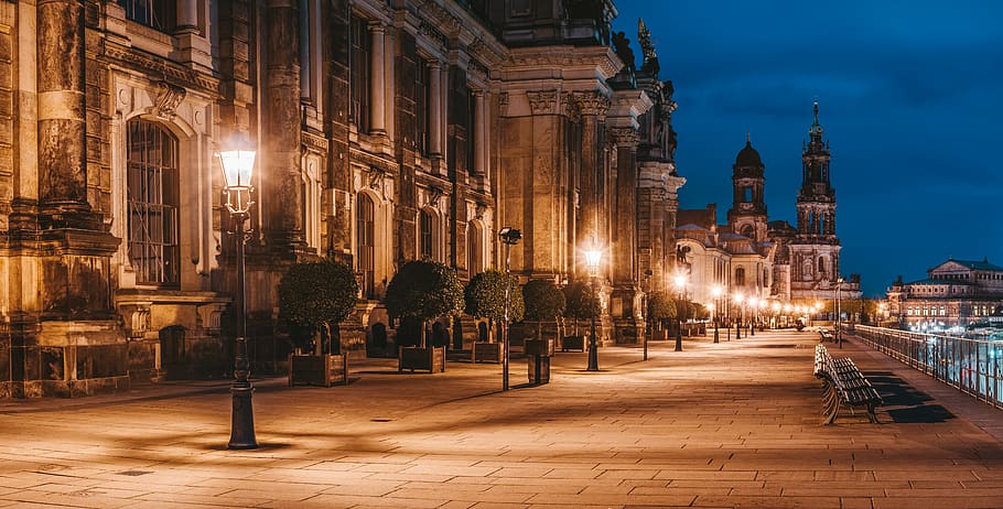 Body of Water Beside Cathedral, architecture, bench, buildings HD wallpaper
