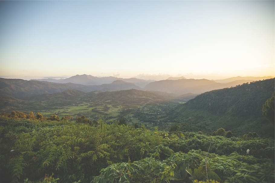 landscape, green, trees, grass, mountains, fields, sky, sunrise HD wallpaper